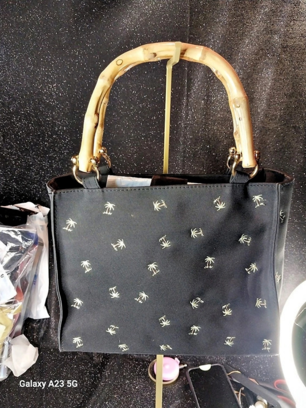 Tianni Black Palm Print Tote Bag Bamboo Handles Pink Fabric  Lining
